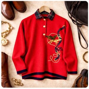 Vintage Equestrian Hunt Polo Sweater Red Plaid Merino Wool Dog Preppy Heritage